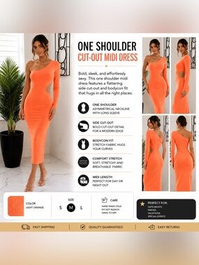 One-Shoulder Cut-Out Midi Dress in Light Orange